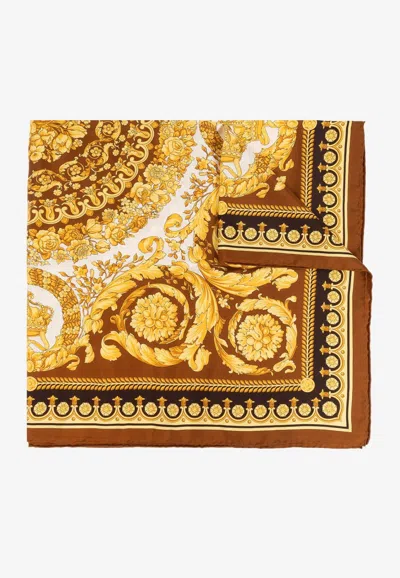 Versace Large Barocco Silk Foulard In Yellow