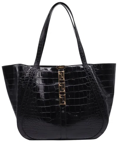 Pre-owned Versace Large Greca Goddess Croc-embossed Tote Bag (authentic Pre-loved)