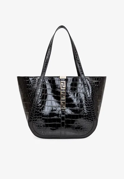Versace Large Greca Goddess Tote Bag In Croc-effect Leather In Black