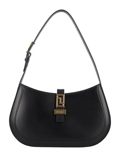 Versace Small Greca Leather Hobo Bag In Black