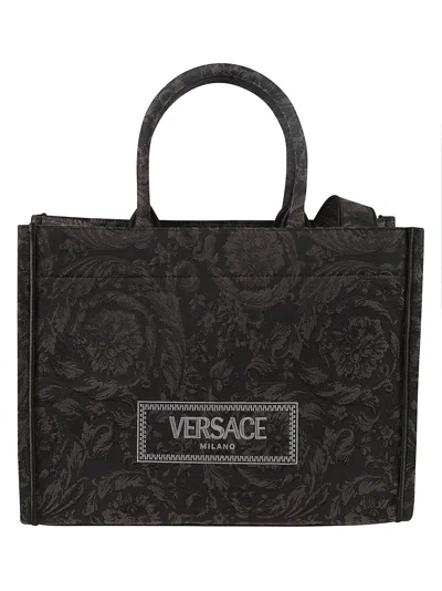 Versace Large Jacquard Canvas Tote In Black/ Gold
