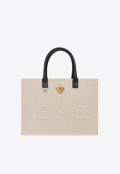 Versace Large La Medusa Canvas Tote Bag In Beige