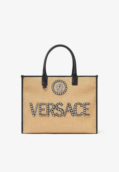 Versace Large La Medusa Studded Logo Tote Bag In Beige