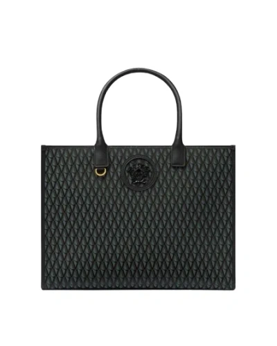 Versace Large La Medusa Tote Bag With V Print In Black