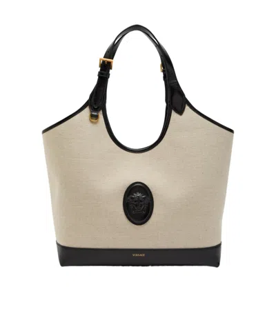 Versace Large Leather And Canvas Tote Bag In Nude