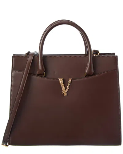 Versace Large Leather Tote In Brown