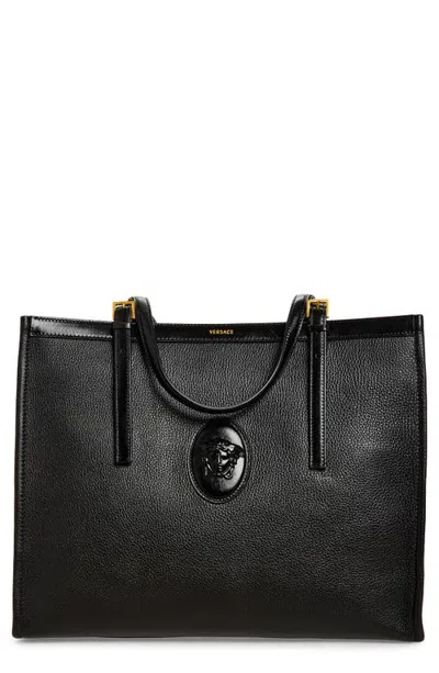 Versace Large Medusa Calf Leather Tote In Black