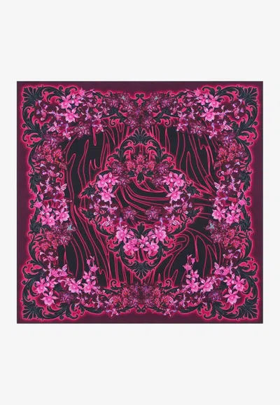 Versace Large Orchid Barocco Print Silk Scarf In Multicolor