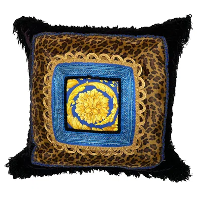 Pre-owned Versace Large Pillow With Animal Print Velvet And Silk In Black