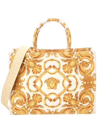 Versace Large Printed Canvas & Leather Tote In White
