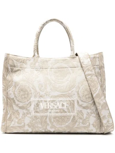 Versace Large Tote Embroidery Jacquard In V Beige Beige  Gold