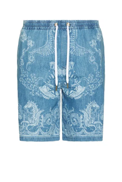 Versace Laser Denim Holiday Print Short In Blue