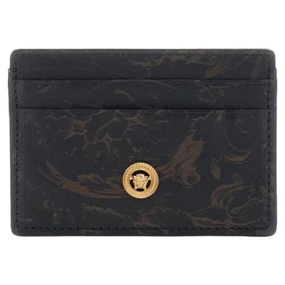 Versace Lasered Card Holder With Leaf Design In Black