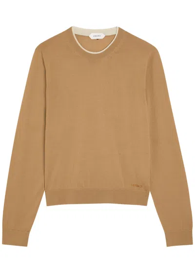 Versace Layered-neck Wool-blend Jumper In Brown