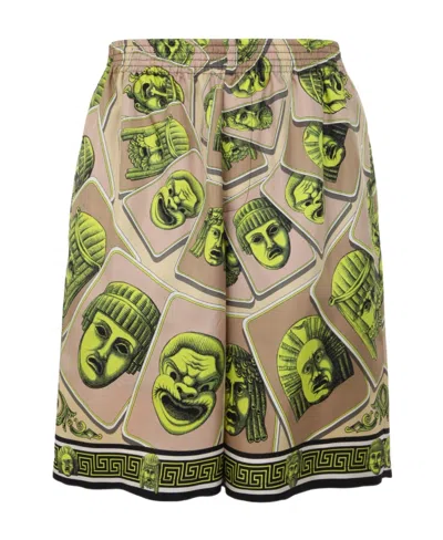 Versace Le Maschere Print Silk Shorts In Nude