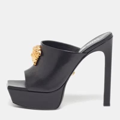 Pre-owned Versace Le Medusa Size 40 Black Leather Platform Slide Sandals