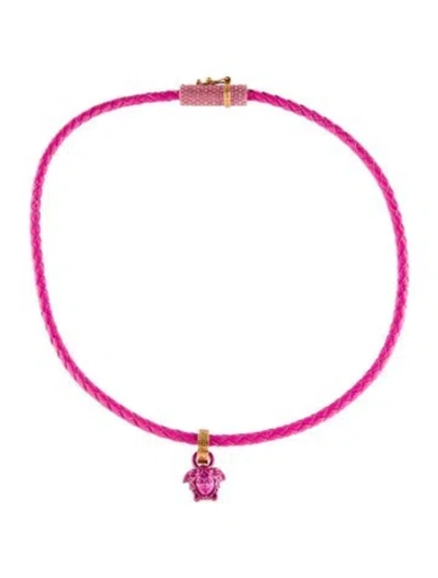 Pre-owned Versace Leather & Crystal Medusa Pendant Necklace, 16" In Pink