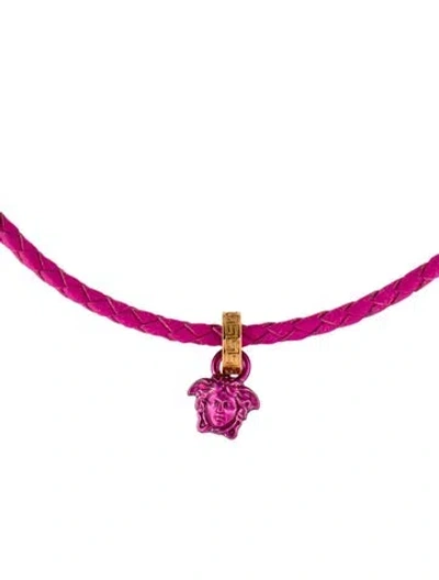 Pre-owned Versace Leather & Crystal Pendant Necklace, 16" In Pink