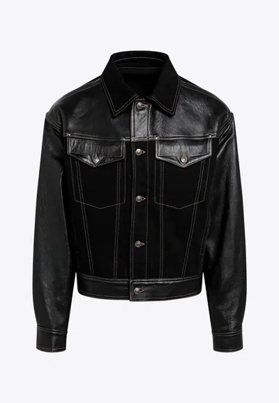 Versace Leather And Denim Jacket In Black