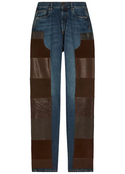 Versace Leather And Suede Patchwork Straight-leg Jeans In Multi