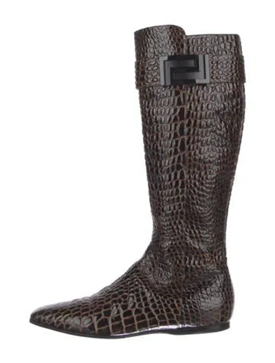 Pre-owned Versace Leather Animal Print Boots In Brown