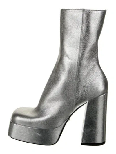 Pre-owned Versace Leather Animal Print Sock Boots In Silver