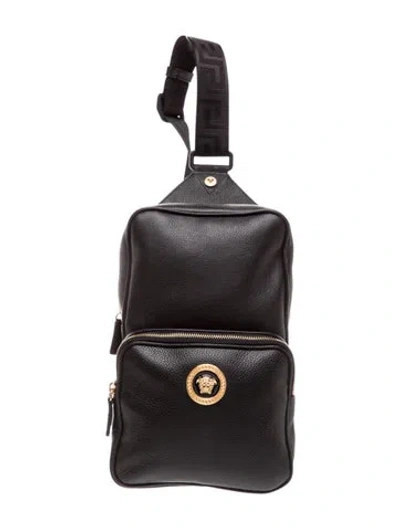 Pre-owned Versace Leather Backpack In Black
