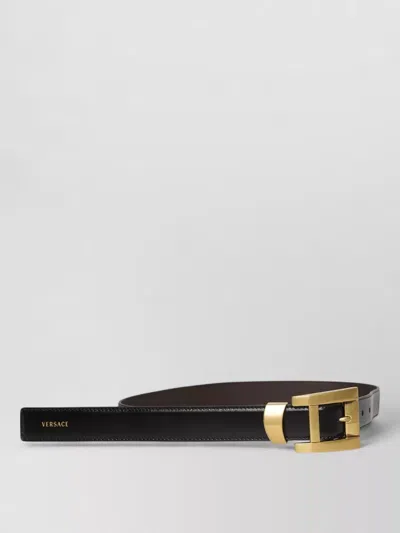 Versace Leather Belt Adjustable Length Metal Keeper In Black