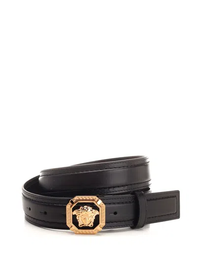 Versace Leather Belt Belts Black In Gold Tone/black