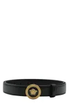 Versace Medusa Streamlined Leather Belt With Adjustable Length And Gold-tone Buckle In Black