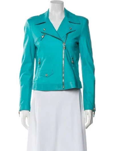Pre-owned Versace Leather Biker Jacket In Blue