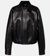 Versace Leather Jacket Collared Neck Button Cuffs Hem In Black