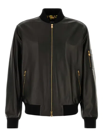 Versace Leather Bomber Jacket In Black