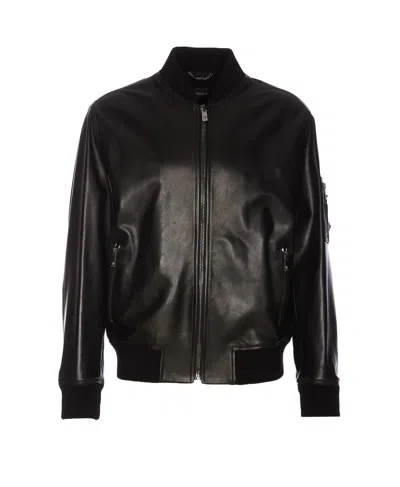 Versace Leather Bomber Jacket In Black