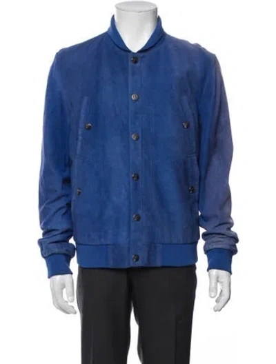 Pre-owned Versace Leather Bomber Jacket In Blue