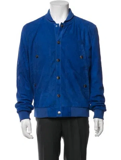 Pre-owned Versace Leather Bomber Jacket W/ Tags In Blue