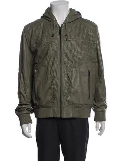 Pre-owned Versace Leather Bomber Jacket W/ Tags In Green
