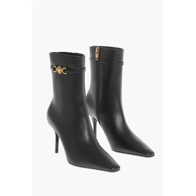Versace Leather Booties With Logoed Strap And Stiletto Heel 9cm