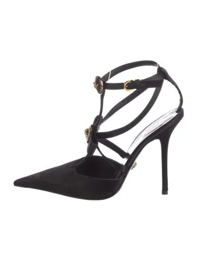 Pre-owned Versace Leather Bow Accents T-strap Pumps In Black