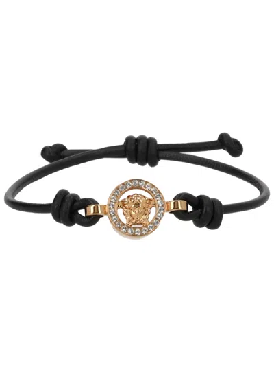 Versace Leather Bracelet With Logo In Black