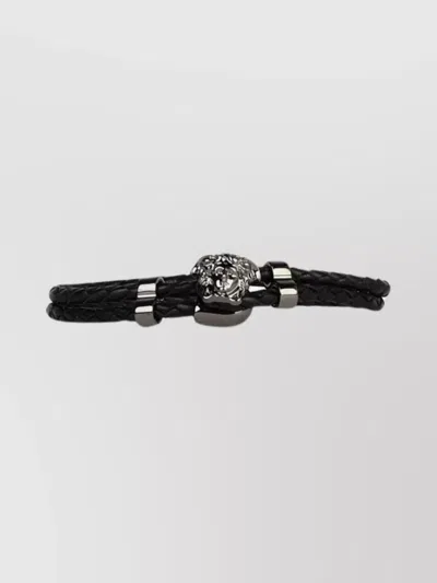 Versace Leather Braided Bracelet Textured Finish In Black