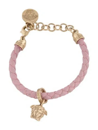 Pre-owned Versace Leather Braided Medusa Charm Bracelet, 8" In Pink