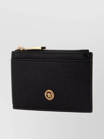 Versace Leather Card Holder Compact Design Gold-tone Hardware