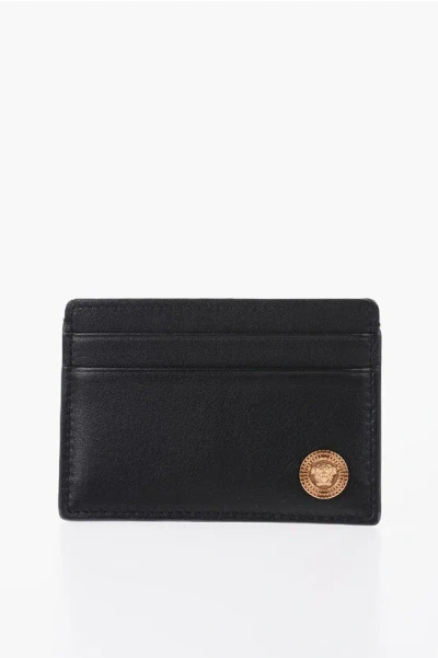 Versace Leather Card Holder With Golden Detail In Black