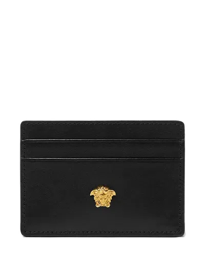 Versace Leather Card Holder With Logo Plate In Black