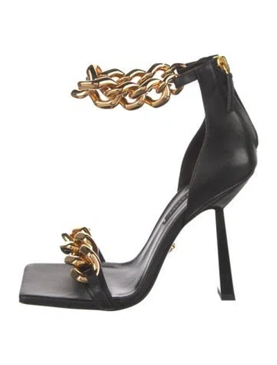 Pre-owned Versace Leather Chain-link Accents Sandals In Black/gold