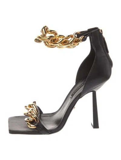 Pre-owned Versace Leather Chain-link Accents Sandals In Black/gold