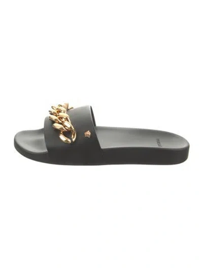 Pre-owned Versace Leather Chain-link Accents Slides In Black