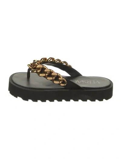 Pre-owned Versace Leather Chain-link Accents Slides In Black