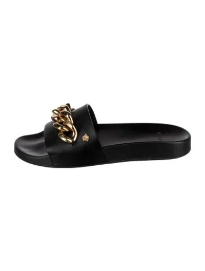Pre-owned Versace Leather Chain-link Accents Slides In Black